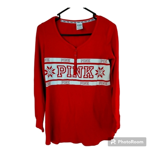 PINK Victoria's Secret Red Holiday LS Cotton Nightgown Shirt Henley Snap Snow Sm